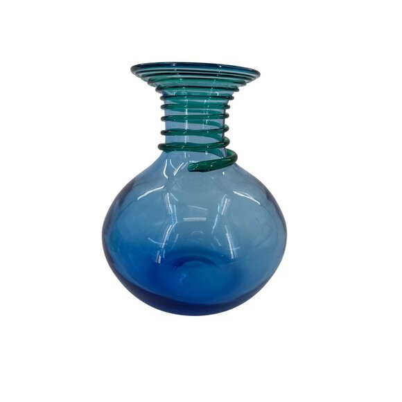 Blenko 5318 Hand-Blown Blue Glass Vase With Ribbed Neck - Picture 3 of 7